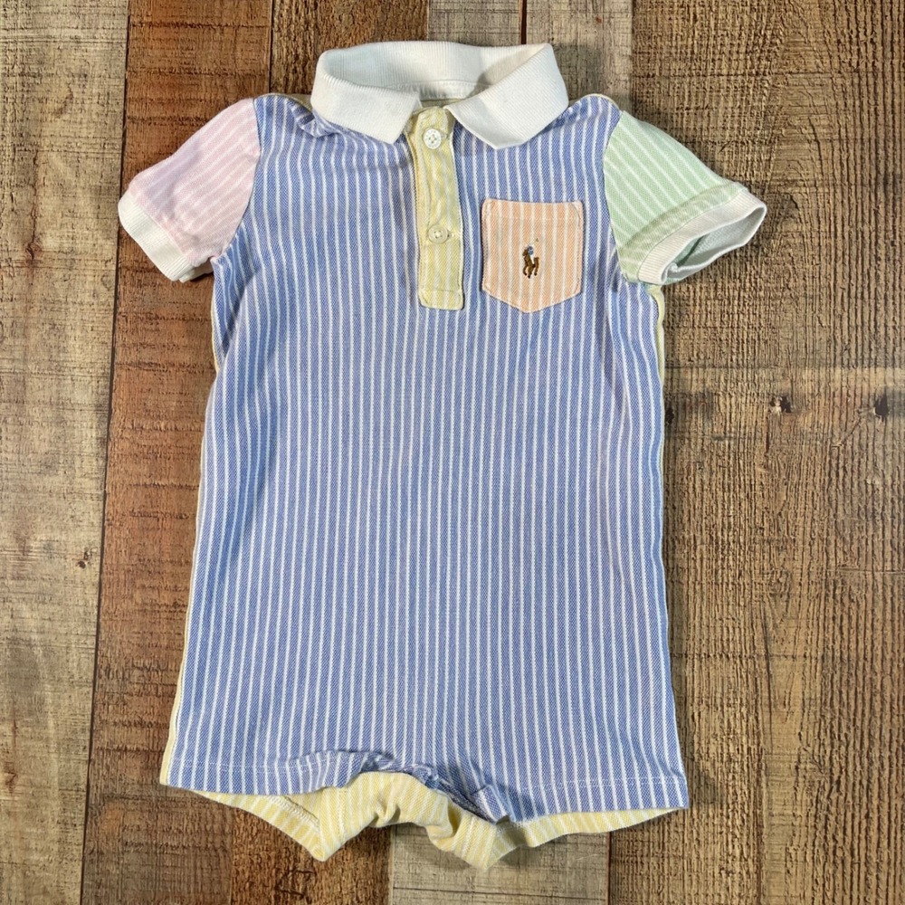 Ralph Lauren Pastel Colorblock Striped Cotton Polo Romper Baby Boy Size 6M